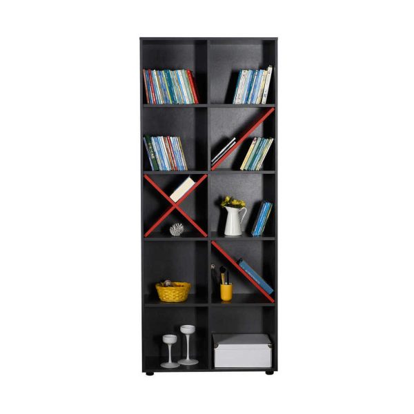 Βιβλιοθήκη με 5 ράφια σε χρώμα μαύρο/κόκκινο 75x30x188