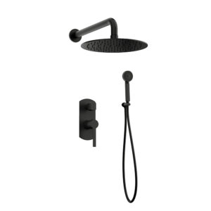 Orabella Elegance Black matt - Shower set εντοιχισμού με Μπαταρία λουτρού, εντοιχισμού 2 σημείων, κεφαλή Φ250 με βραχίονα και τηλέφωνο ντουζ με σπιράλ και επιτοίχειο στήριγμα