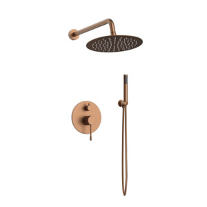 Orabella Terra Rose gold - Shower set εντοιχισμού με Μπαταρία λουτρού, εντοιχισμού 2 σημείων, κεφαλή Φ250 με βραχίονα και τηλέφωνο ντουζ με σπιράλ και επιτοίχειο στήριγμα
