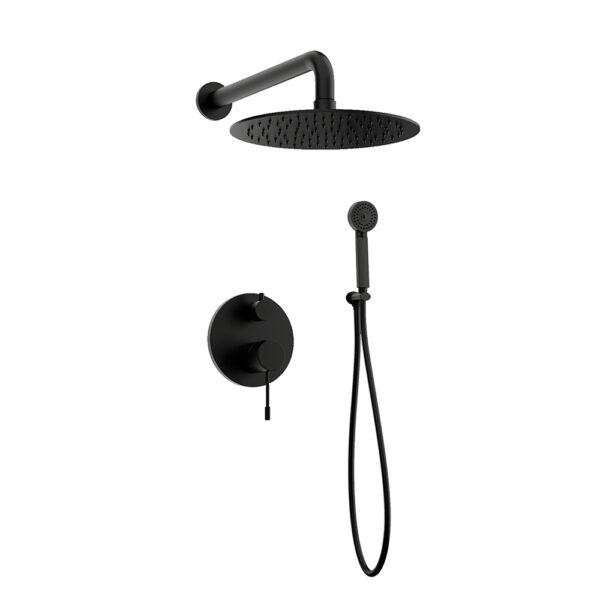 Orabella Preciosa Black matt - Shower set εντοιχισμού με Μπαταρία λουτρού, εντοιχισμού 2 σημείων, κεφαλή Φ250 με βραχίονα και τηλέφωνο ντουζ με σπιράλ και επιτοίχειο στήριγμα
