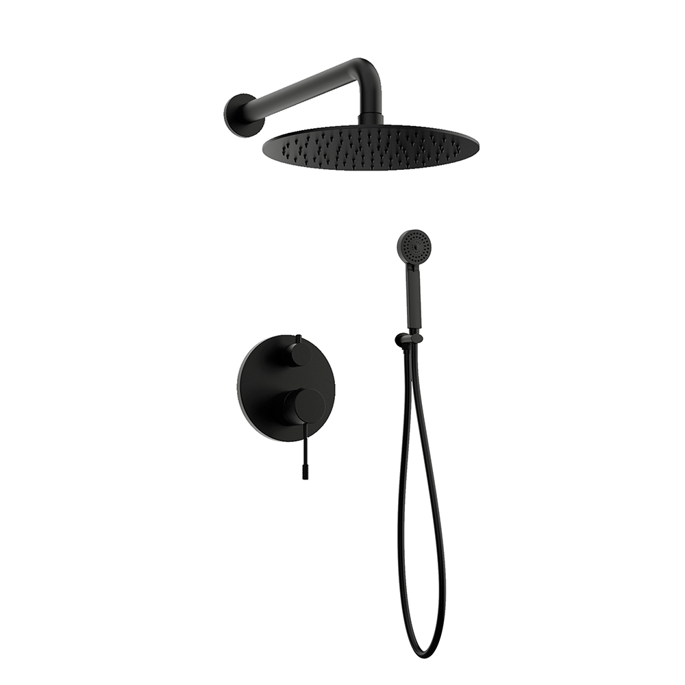 Orabella Preciosa Black matt - Shower set εντοιχισμού με Μπαταρία λουτρού, εντοιχισμού 2 σημείων, κεφαλή Φ250 με βραχίονα και τηλέφωνο ντουζ με σπιράλ και επιτοίχειο στήριγμα