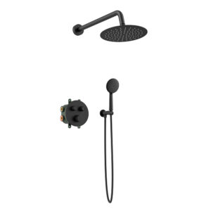 Orabella Terra|Preciosa Black matt - Set εντοιχισμού, με θερμοστατική μπαταρία λουτρού 2 σημείων με στρόγγυλλη κεφαλή, βραχίονα, παροχή - στήριγμα και τηλέφωνο ντουζ με σπιράλ