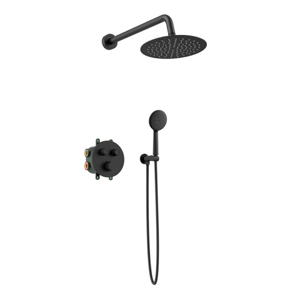 Orabella Terra|Preciosa Black matt - Set εντοιχισμού, με θερμοστατική μπαταρία λουτρού 2 σημείων με στρόγγυλλη κεφαλή, βραχίονα, παροχή - στήριγμα και τηλέφωνο ντουζ με σπιράλ