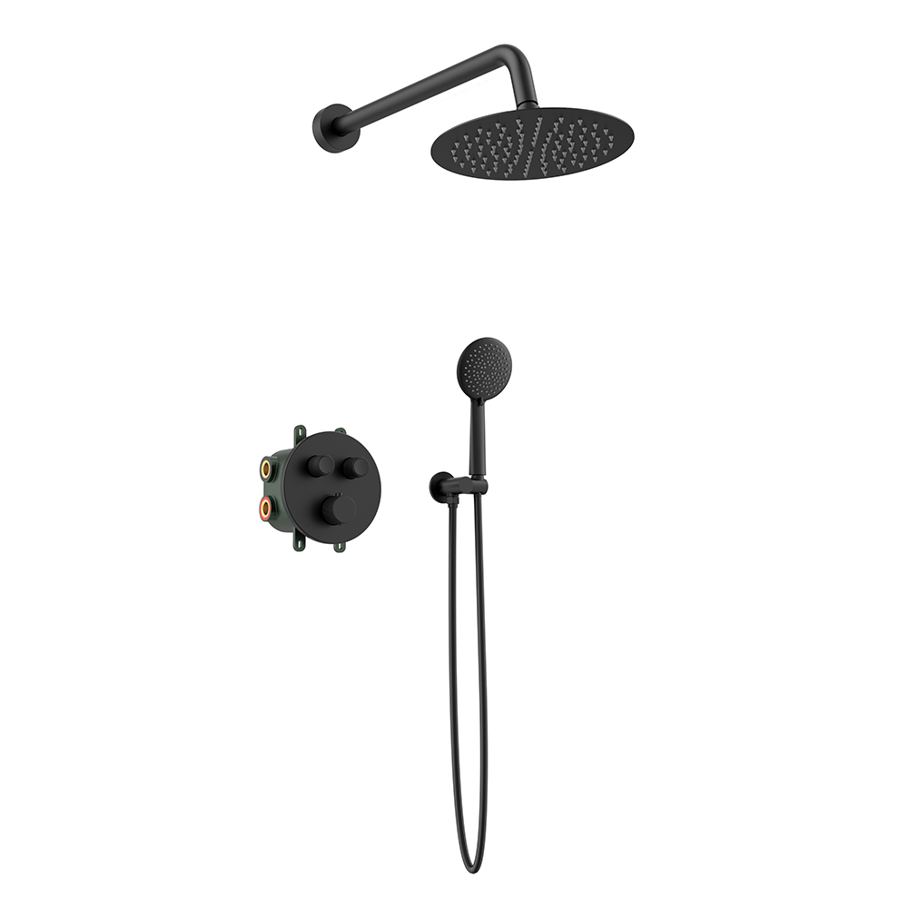 Orabella Terra|Preciosa Black matt - Set εντοιχισμού, με θερμοστατική μπαταρία λουτρού 2 σημείων με στρόγγυλλη κεφαλή, βραχίονα, παροχή - στήριγμα και τηλέφωνο ντουζ με σπιράλ