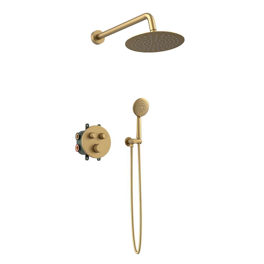 Orabella Terra|Preciosa Brushed Gold - Set εντοιχισμού, με θερμοστατική μπαταρία λουτρού 2 σημείων με στρόγγυλλη κεφαλή, βραχίονα, παροχή - στήριγμα και τηλέφωνο ντουζ με σπιράλ σε διάφορα χρώματα