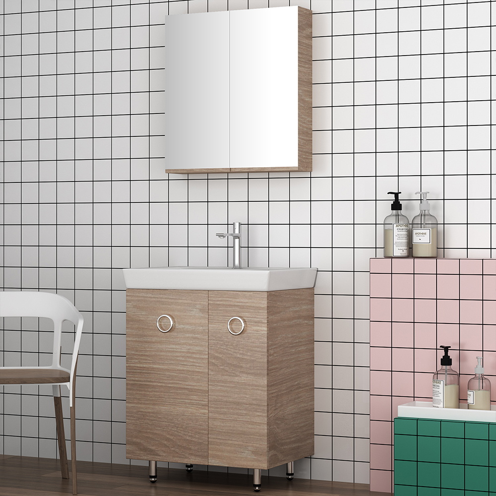 Orabella Vanity 65 Long - Έπιπλο Μπάνιου Επιδαπέδιο με πορσελάνινο νιπτήρα Ege και καθρέπτη ντουλάπι