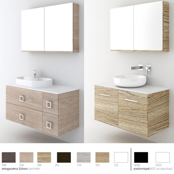 Orabella Solid Surface 100 με δύο Πόρτες - Κρεμαστό Έπιπλο Μπάνιου για επικαθήμενο νιπτήρα και καθρέπτης ντουλάπι