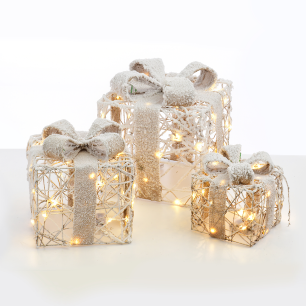 SET "RATTAN GIFT BOX, NATURAL BURLAP BOW" 90(20+30+40) WW MINI LED  ΜΠΑΤ. 3*3ΑΑ IP20 18,24,30CM