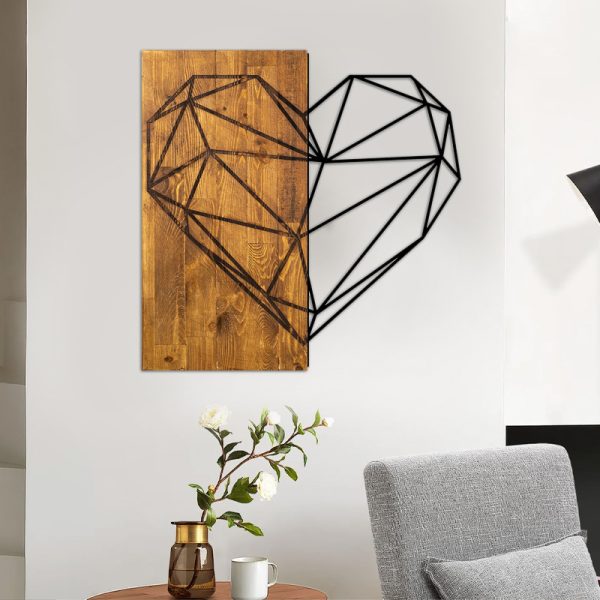 Διακοσμητικό τοίχου Heart Megapap ξύλινο - μεταλλικό χρώμα καρυδί - μαύρο 58x3x58εκ.