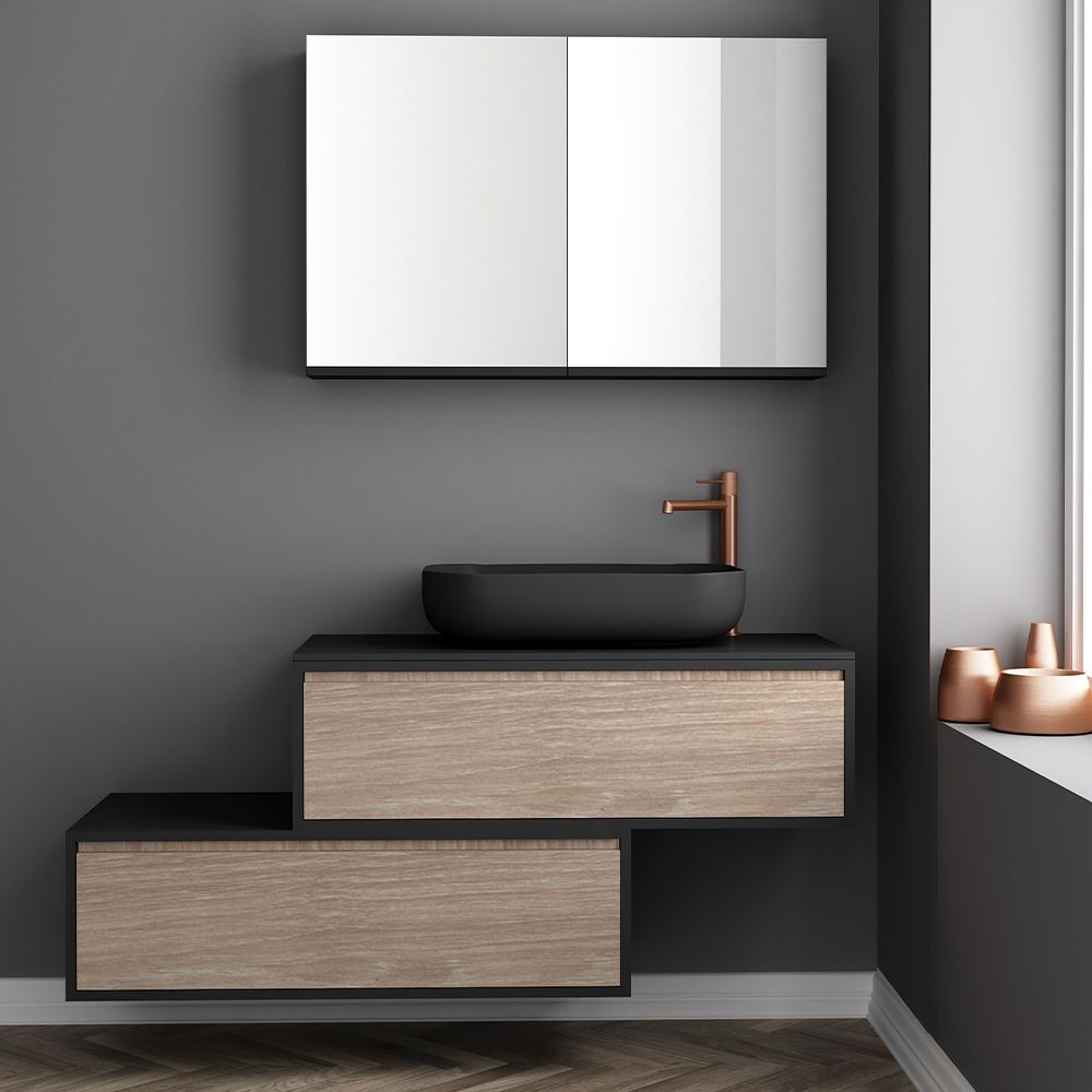 Orabella Drawer asymmetrical 100 - Κρεμαστό Έπιπλο Μπάνιου με λευκή ματ επικάλυψη και βάση με συρτάρια από μελαμίνη δικής σας επιλογής (χωρίς καθρέπτη και νιπτήρα)