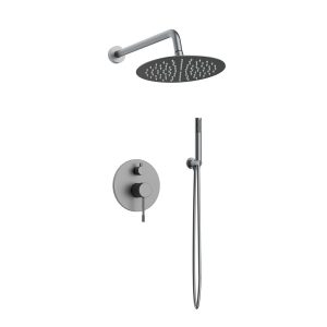 Orabella Terra Gun Metal Light - Shower set εντοιχισμού με Μπαταρία λουτρού, εντοιχισμού 2 σημείων, κεφαλή Φ250 με βραχίονα και τηλέφωνο ντουζ με σπιράλ και επιτοίχειο στήριγμα