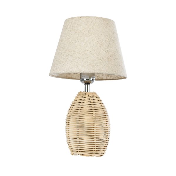 GloboStar® HASUMI 01956 Boho Επιτραπέζιο Φωτιστικό Πορτατίφ Μονόφωτο 1 x E27 AC220-240V IP20 - Φ23 x Υ40cm - Μπεζ Ξύλινο Ρατάν Πλέγμα με Μπεζ Καπέλο