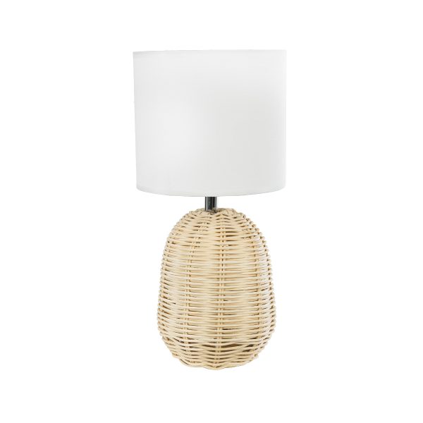 GloboStar® HASUMI 01958 Boho Επιτραπέζιο Φωτιστικό Πορτατίφ Μονόφωτο 1 x E27 AC220-240V IP20 - Φ18 x Υ36cm - Μπεζ Ξύλινο Ρατάν Πλέγμα με Λευκό Καπέλο