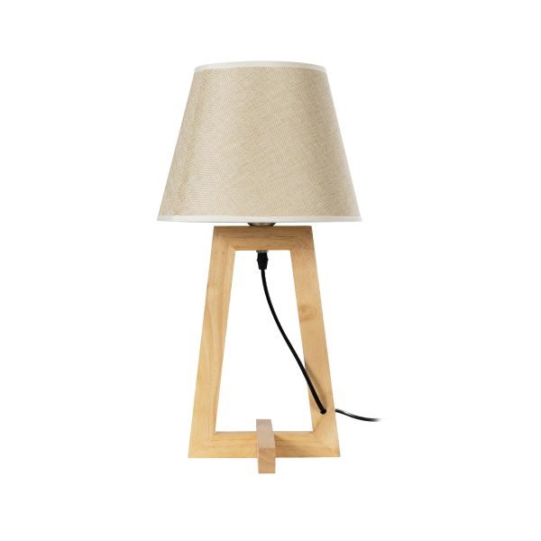 GloboStar® TAKIKO 02042 Μοντέρνο Επιτραπέζιο Φωτιστικό Μονόφωτο 1 x E27 AC220-240V IP20 - Φ25 x Υ48cm - Μπεζ Ξύλινη Βάση & Μπεζ Πλεκτό Καπέλο