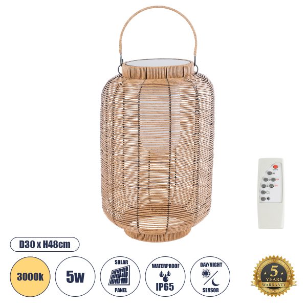 GloboStar® GRAMBIAN 02304 Boho Αυτόνομο Ηλιακό Κρεμαστό/Επιτραπέζιο Φωτιστικό Φαναράκι LED SMD 5W 200lm - Φ30 x Υ48cm - με Ενσωματωμένη Μπαταρία 600mAh - Φωτοβολταϊκό Πάνελ και Αισθητήρα Ημέρας-Νύχτας με Ασύρματο Χειριστήριο IR Μπεζ Μπαμπού Αδιάβροχο IP65 Θερμό Λευκό 3000K