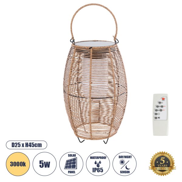 GloboStar® HESPELER 02305 Boho Αυτόνομο Ηλιακό Κρεμαστό/Επιτραπέζιο Φωτιστικό Φαναράκι LED SMD 5W 200lm - Φ25 x Υ45cm - με Ενσωματωμένη Μπαταρία 600mAh - Φωτοβολταϊκό Πάνελ και Αισθητήρα Ημέρας-Νύχτας με Ασύρματο Χειριστήριο IR Μπεζ Μπαμπού Αδιάβροχο IP65 Θερμό Λευκό 3000K