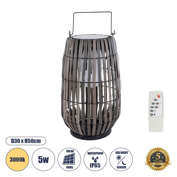 GloboStar® NETLEY 02306 Boho Αυτόνομο Ηλιακό Κρεμαστό/Επιτραπέζιο Φωτιστικό Φαναράκι LED SMD 5W 200lm - Φ30 x Υ50cm - με Ενσωματωμένη Μπαταρία 600mAh - Φωτοβολταϊκό Πάνελ και Αισθητήρα Ημέρας-Νύχτας με Ασύρματο Χειριστήριο IR Γκρι Μπαμπού Αδιάβροχο IP65 Θερμό Λευκό 3000K
