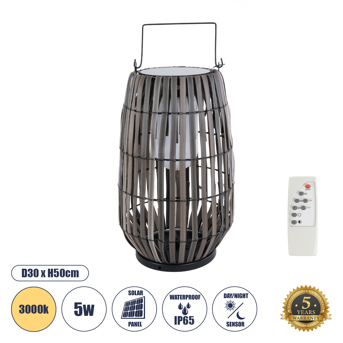 GloboStar® NETLEY 02306 Boho Αυτόνομο Ηλιακό Κρεμαστό/Επιτραπέζιο Φωτιστικό Φαναράκι LED SMD 5W 200lm - Φ30 x Υ50cm - με Ενσωματωμένη Μπαταρία 600mAh - Φωτοβολταϊκό Πάνελ και Αισθητήρα Ημέρας-Νύχτας με Ασύρματο Χειριστήριο IR Γκρι Μπαμπού Αδιάβροχο IP65 Θερμό Λευκό 3000K