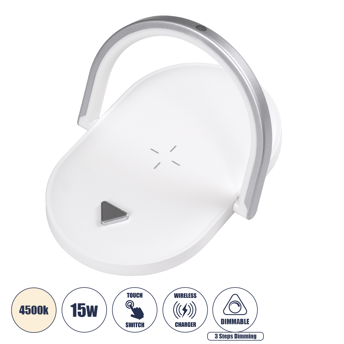 GloboStar® ECLIPSE 76559 Μοντέρνο Επιτραπέζιο Φωτιστικό Πορτατίφ LED 15W 1200lm 180° AC 230V - με Ασύρματη Φόρτιση - Wireless Charger - Διακόπτη Αφής με 3 Εντάσεις Φωτισμού Φυσικό Λευκό 4500K Dimmable - Μ17 x Π13 x Υ10 - Λευκό