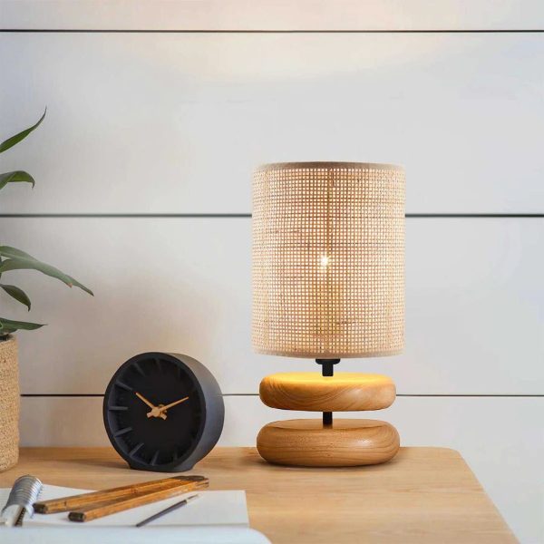 GloboStar® KLOO 204-0143 Boho Eπιτραπέζιο Φωτιστικό Μονόφωτο 1 x E27 IP20 Καφέ Ξύλο με Μπεζ Διάτρητο Ύφασμα - Μ15 x Π15 x Υ35cm